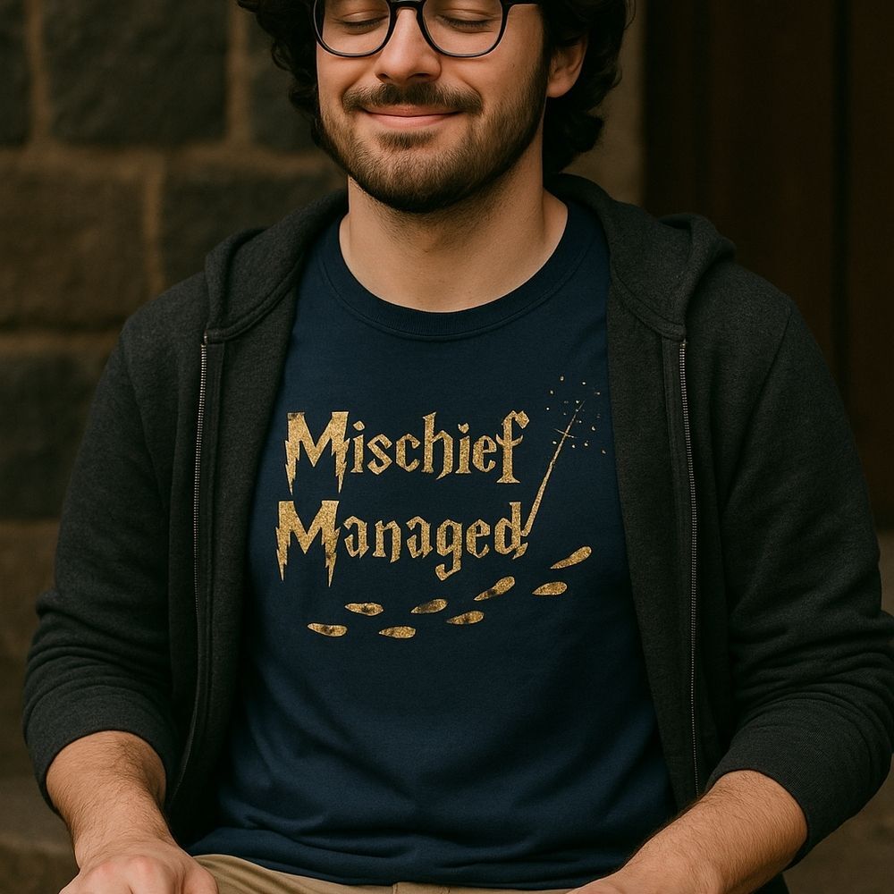 Harry Potter Mischief Managed Navy Blue Tee L Gold Graphic Potterhead Fanboy